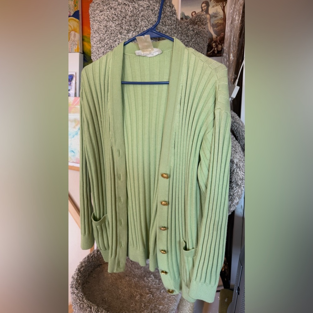 Vintage Escada Gold Button Green Pistachio ribbed pastel Cardigan Wool sz 36 M/L